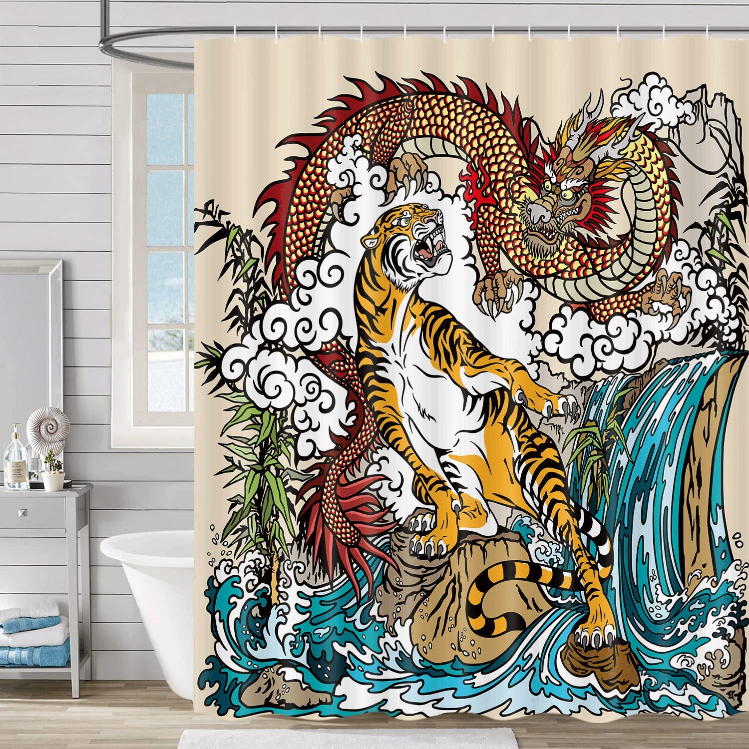 Chinese Dragon and Tiger Shower Curtain, Asian Landscape Bathroom Decor