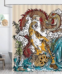Chinese Dragon and Tiger Shower Curtain, Asian Landscape Bathroom Decor