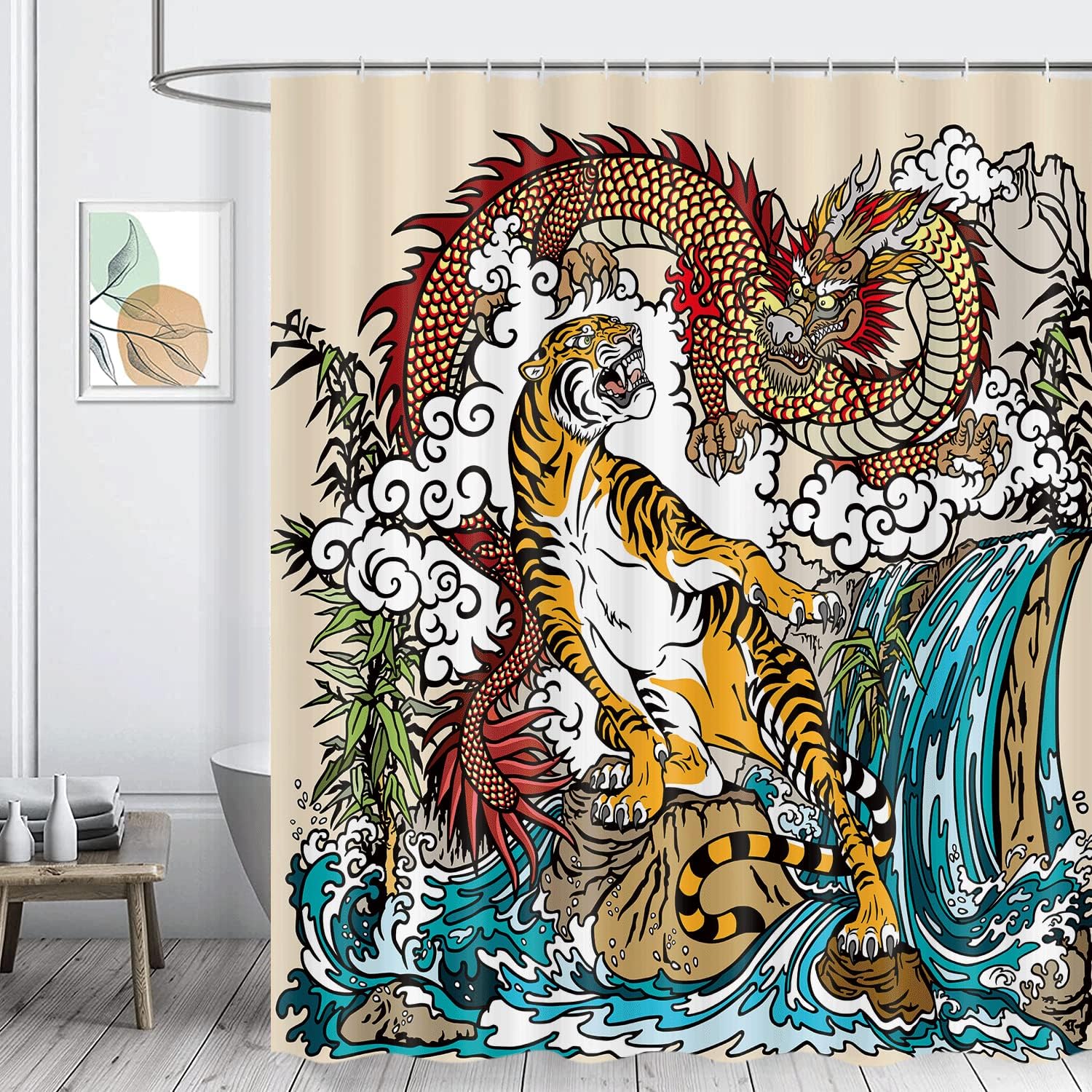 Chinese Dragon and Tiger Shower Curtain, Asian Landscape Bathroom Decor