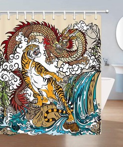 Chinese Dragon and Tiger Shower Curtain, Asian Landscape Bathroom Decor