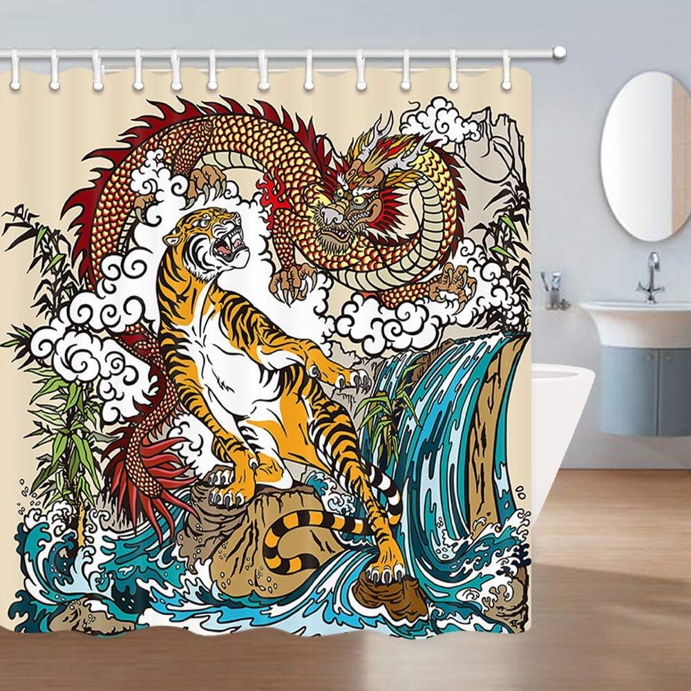 Chinese Dragon and Tiger Shower Curtain, Asian Landscape Bathroom Decor