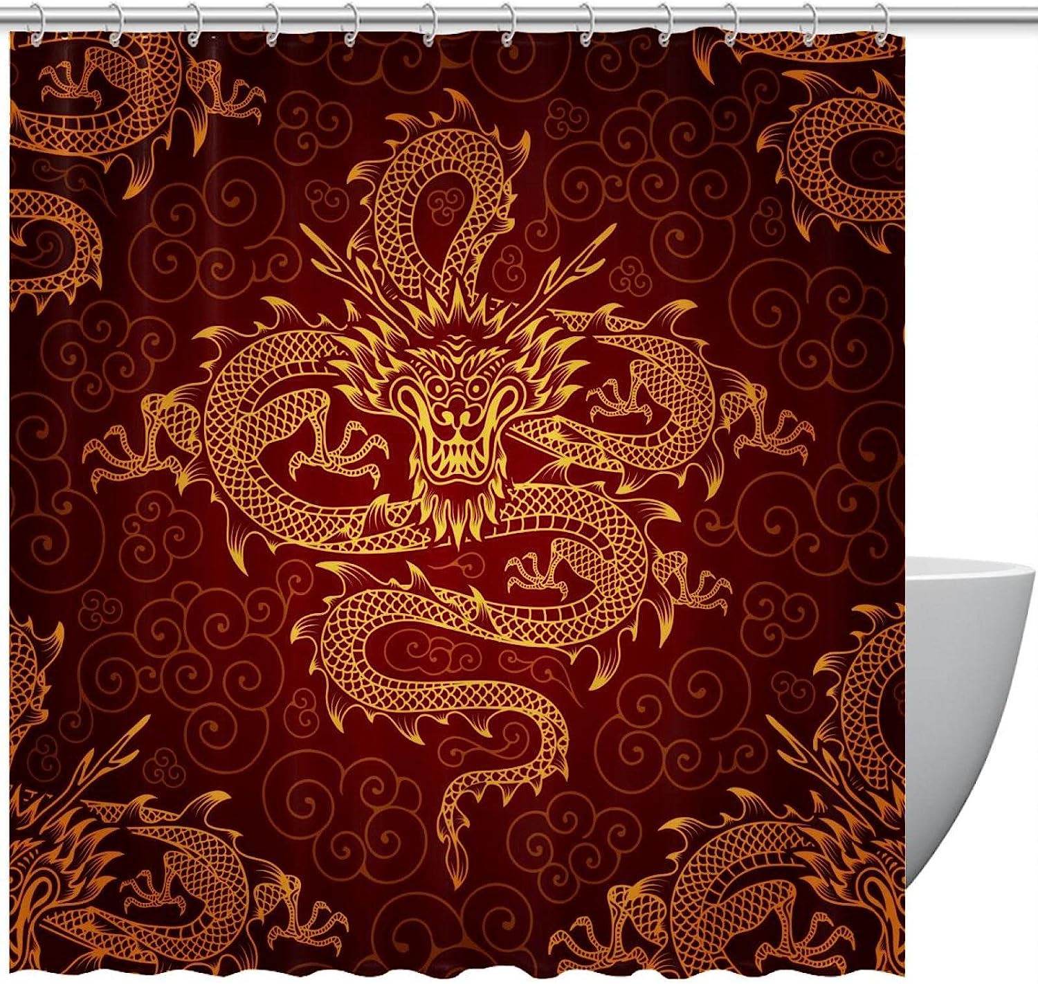 Chinese Gold Dragon Red Classic Shower Curtain With Traditional Chinese Art Design
