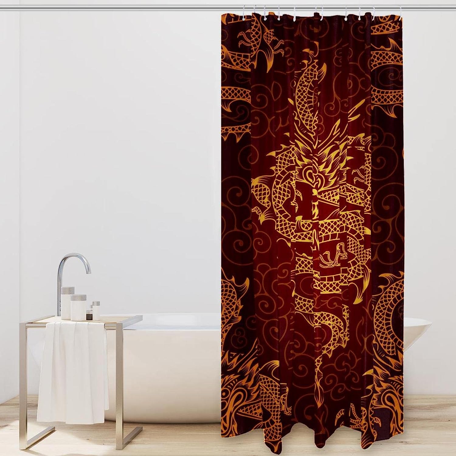 Chinese Gold Dragon Red Classic Shower Curtain With Traditional Chinese Art Design - Image 2