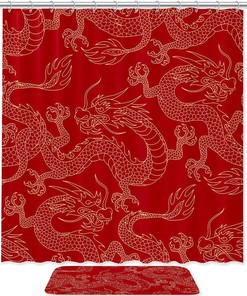 Chinese Golden Dragon Red, Waterproof Shower Curtain Bathroom Curtain For Luxury Bathroom Decor
