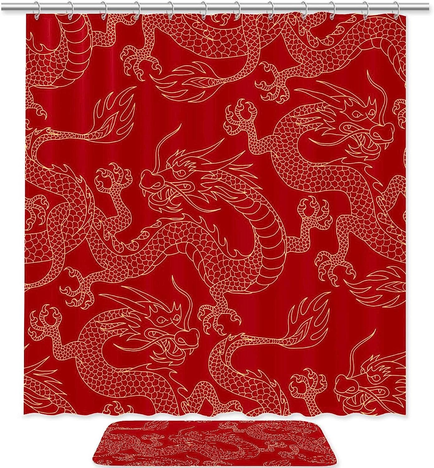 Chinese Golden Dragon Red, Waterproof Shower Curtain Bathroom Curtain For Luxury Bathroom Decor