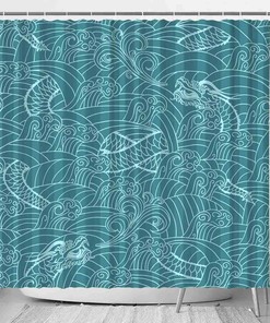 Chinese Japanese Dragon Ocean Shower Curtain, Decorative Bathroom Curtain with Asian Theme and VISALUNA Keyword