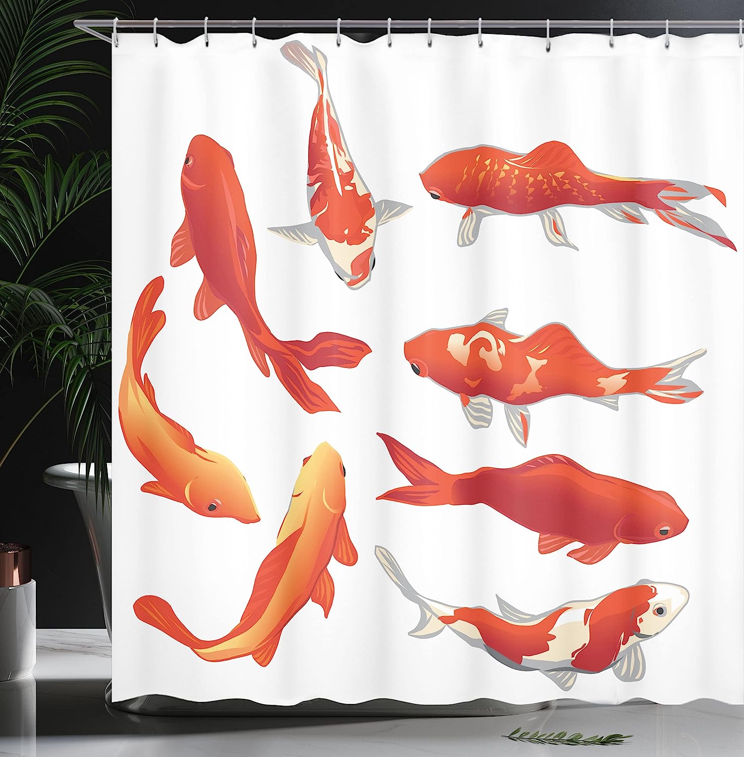 Chinese Koi Fish Shower Curtain | Fortune & Power Tranquility Image | Cloth Fabric Bathroom Decor (Orange White) - Image 3