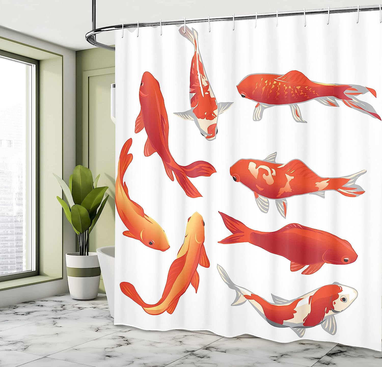Chinese Koi Fish Shower Curtain | Fortune & Power Tranquility Image | Cloth Fabric Bathroom Decor (Orange White) - Image 4