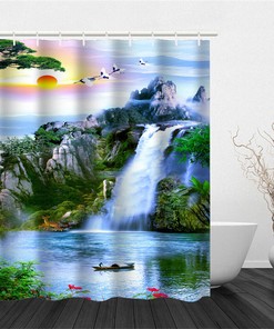 Chinese Landscape Waterfall Waterproof Shower Curtain For Home And Hotel Bathrooms In Multi Sizes