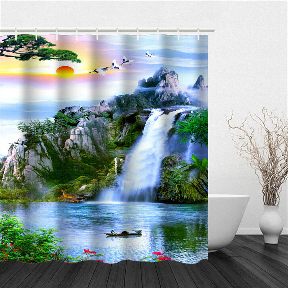 Chinese Landscape Waterfall Waterproof Shower Curtain For Home And Hotel Bathrooms In Multi Sizes