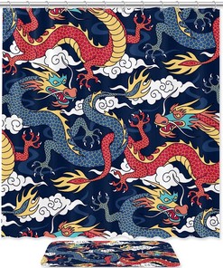 Chinese Myths Legends Dragon Red Navy, Waterproof Shower Curtain Bathroom Curtain With Oriental Theme