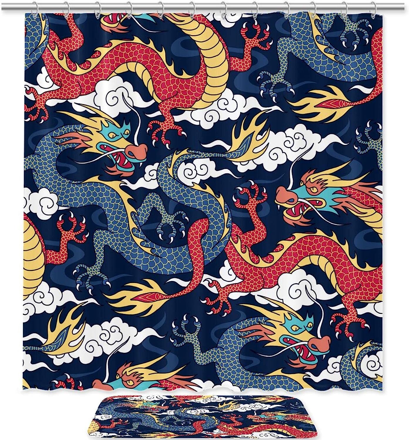 Chinese Myths Legends Dragon Red Navy, Waterproof Shower Curtain Bathroom Curtain With Oriental Theme