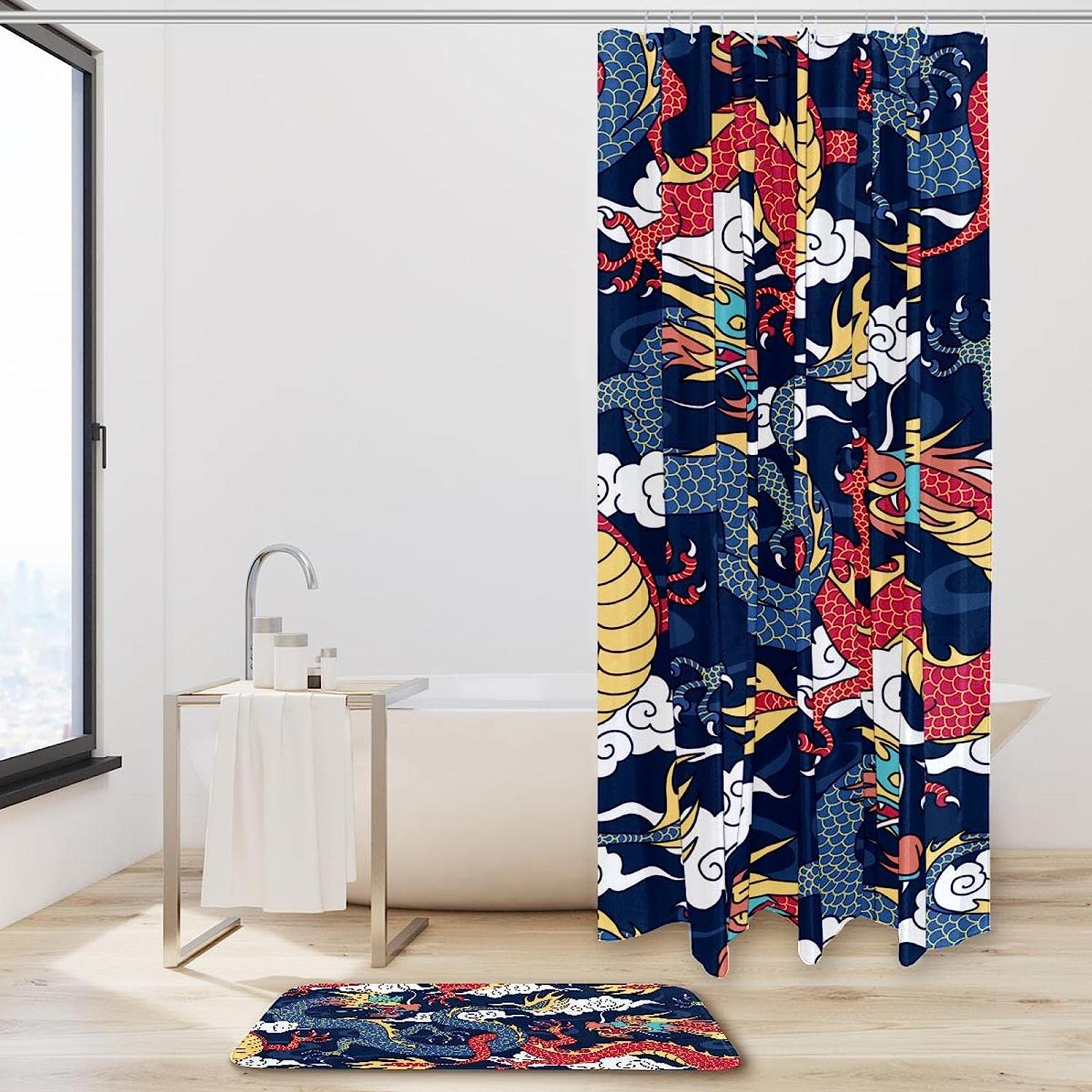 Chinese Myths Legends Dragon Red Navy, Waterproof Shower Curtain Bathroom Curtain With Oriental Theme - Image 2