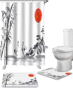 Chinese Style Crane Shower Curtain, Mountain and Tree Design for Bathroom