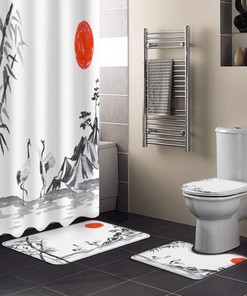 Chinese Style Crane Shower Curtain, Mountain and Tree Design for Bathroom