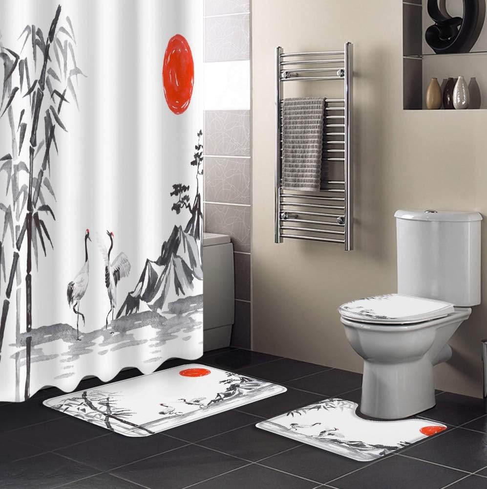 Chinese Style Crane Shower Curtain, Mountain and Tree Design for Bathroom