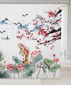 Chinese Watercolor Ink Cherry Blossoms Japanese Ukiyo E Koi Fish Shower Curtain for Bathroom Decor