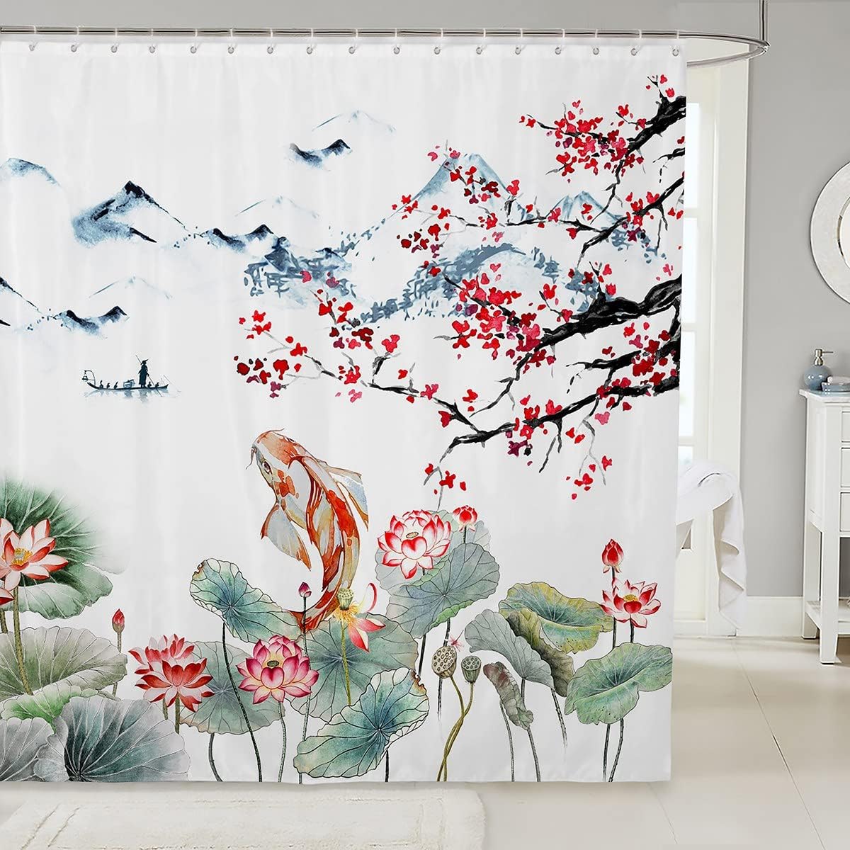 Chinese Watercolor Ink Cherry Blossoms Japanese Ukiyo E Koi Fish Shower Curtain for Bathroom Decor