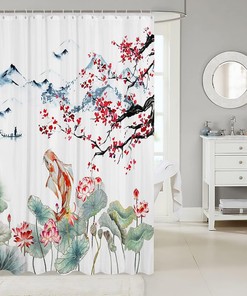 Chinese Watercolor Ink Cherry Blossoms Japanese Ukiyo E Koi Fish Shower Curtain for Bathroom Decor