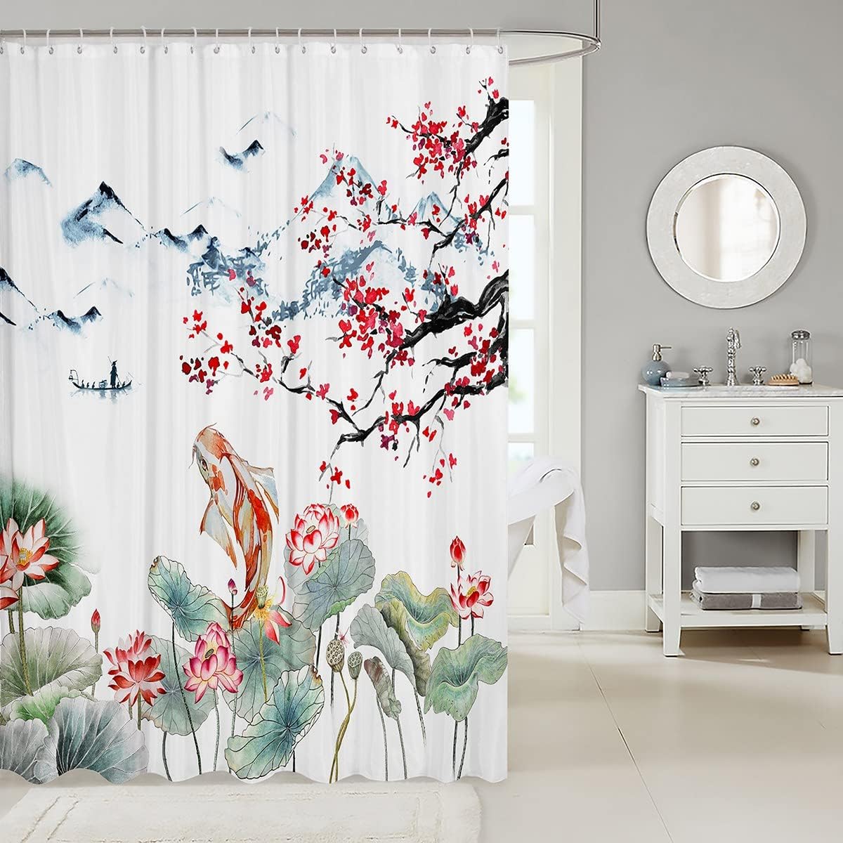 Chinese Watercolor Ink Cherry Blossoms Japanese Ukiyo E Koi Fish Shower Curtain for Bathroom Decor