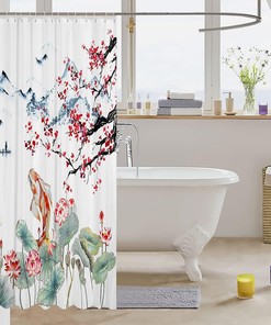 Chinese Watercolor Ink Cherry Blossoms Japanese Ukiyo E Koi Fish Shower Curtain for Bathroom Decor