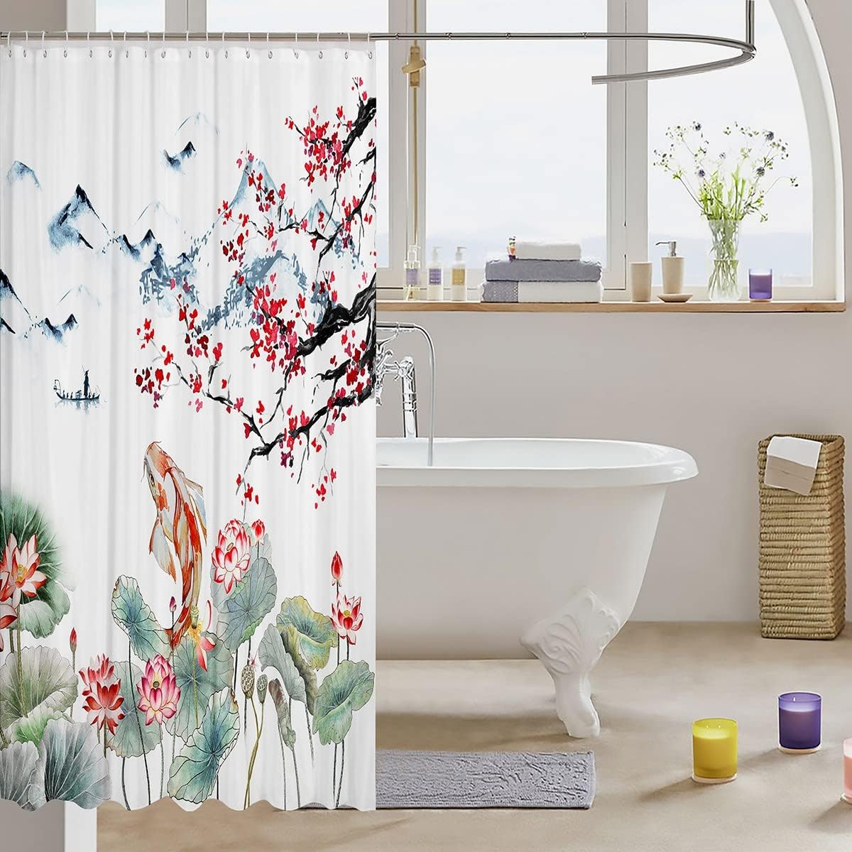 Chinese Watercolor Ink Cherry Blossoms Japanese Ukiyo E Koi Fish Shower Curtain for Bathroom Decor