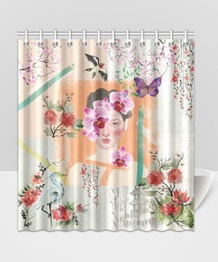 Chinoiserie Floral Butterfly Girl Shower Curtain, Shabby Chic Bathroom Decor