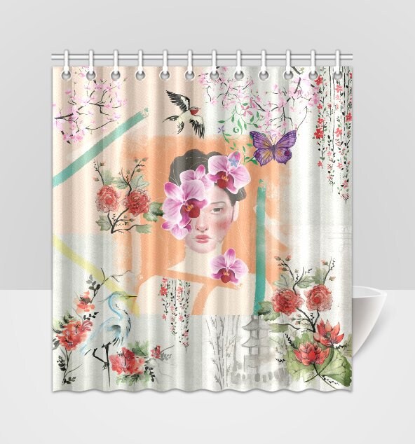 Chinoiserie Floral Butterfly Girl Shower Curtain, Shabby Chic Bathroom Decor