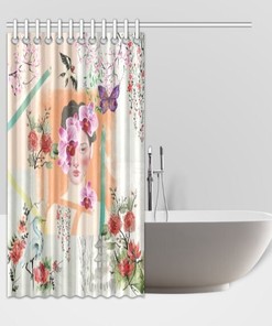 Chinoiserie Floral Butterfly Girl Shower Curtain, Shabby Chic Bathroom Decor
