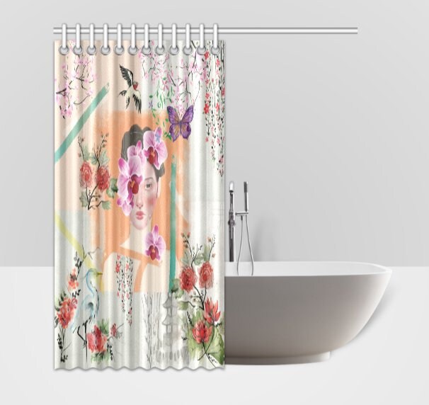 Chinoiserie Floral Butterfly Girl Shower Curtain, Shabby Chic Bathroom Decor