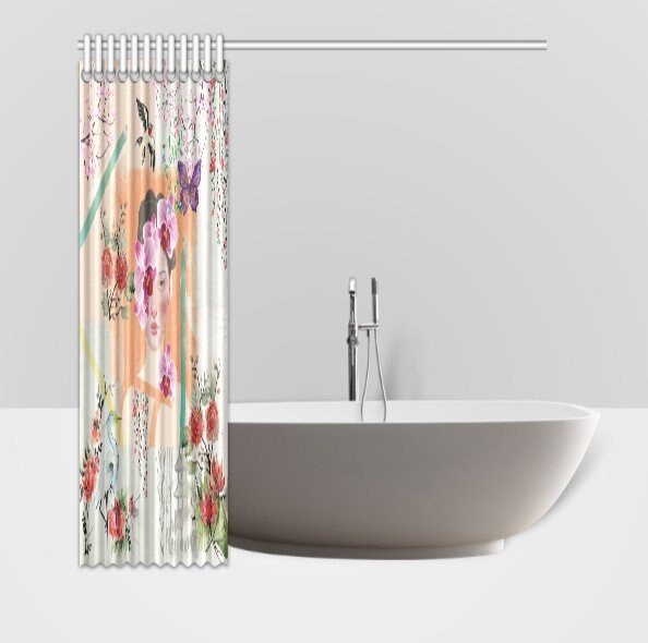 Chinoiserie Floral Butterfly Girl Shower Curtain, Shabby Chic Bathroom Decor