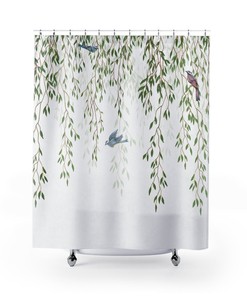 Chinoiserie Garden Print Shower Curtain With Romantic Trailing Leaves Birds Landscape Design And Vintage Chinese Art