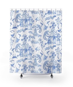 Chinoiserie Monkey Jungle Shower Curtain With Blue And White Boho Pattern For A Cool And Elegant Look