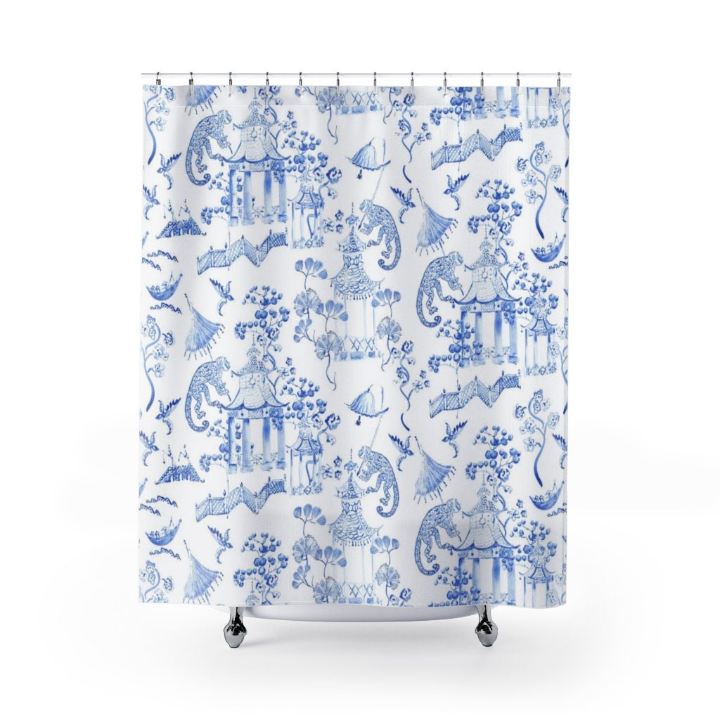 Chinoiserie Monkey Jungle Shower Curtain With Blue And White Boho Pattern For A Cool And Elegant Look