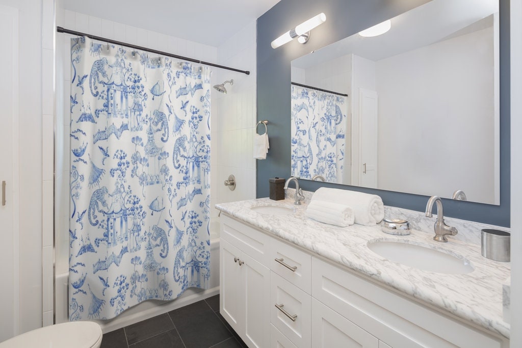Chinoiserie Monkey Jungle Shower Curtain With Blue And White Boho Pattern For A Cool And Elegant Look - Image 2