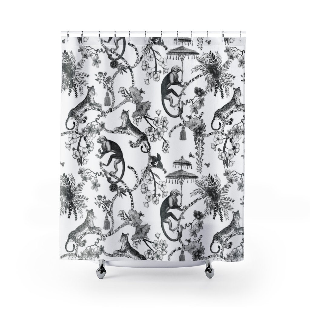 Chinoiserie Monkey Jungle Shower Curtain With Hedendaagse Exotische Toile De Jouy Art And Artistieke Boho