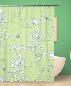 Chinoiserie Peonies Dragonfly And Bird On Green Shower Curtain