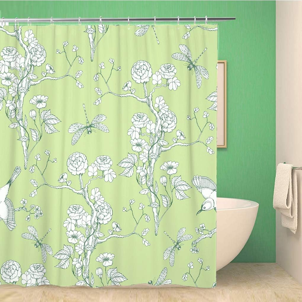 Chinoiserie Peonies Dragonfly And Bird On Green Shower Curtain