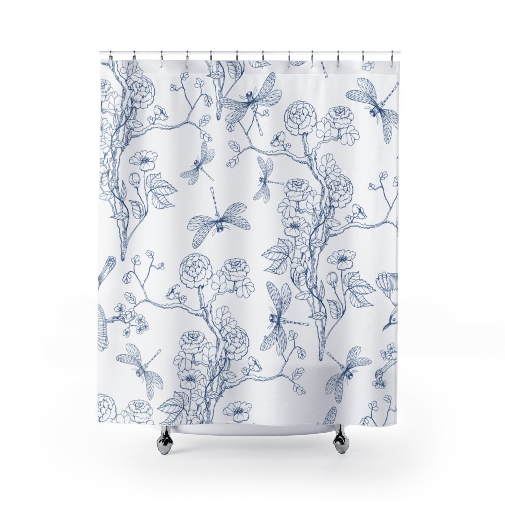 Chinoiserie Peony Flower Garden Print Shower Curtain, Fresh Modern Bathroom Accessory