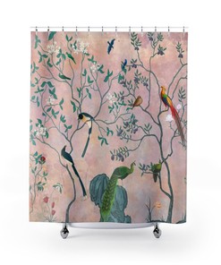 Chinoiserie Shower Curtain With Blush Pink Floral Garden Botanical Design For A Stylish Bohemian Oriental Bathroom