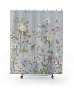 Chinoiserie Shower Curtain With Vintage Floral Bird Garden Fresco Design And Pale Blue & Sage Green Gingham