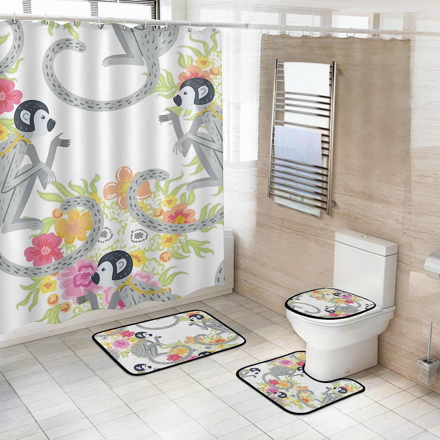 Chinoiserie Style Monkey with Flowers Print Shower Curtain for a Stylish Bathroom