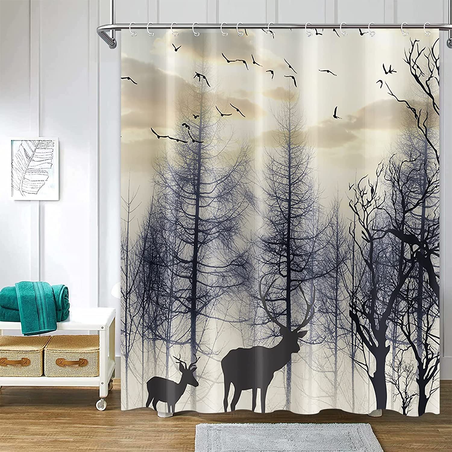 Chloroplastid Deer Shower Curtain Rustic With Forest Deer Silhouette And Hunting Country Cabin Moose Design