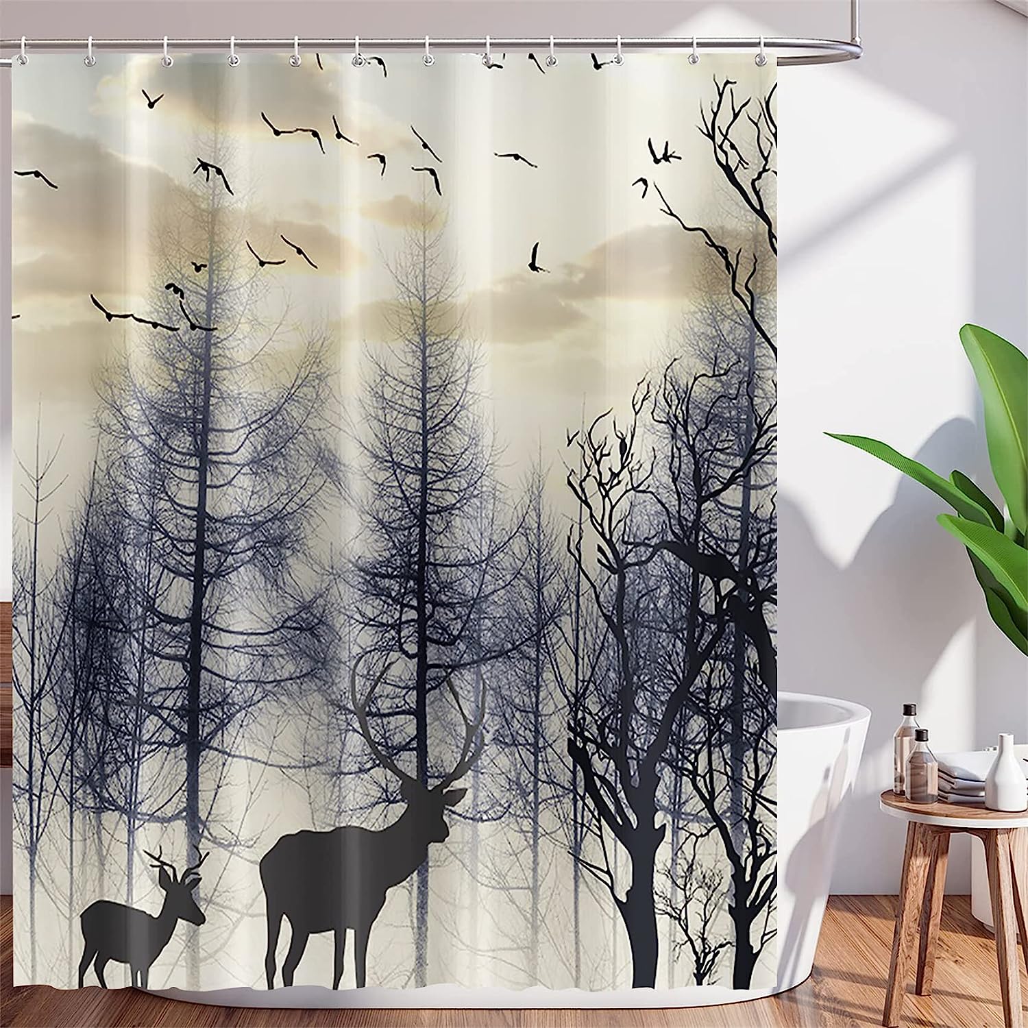 Chloroplastid Deer Shower Curtain Rustic With Forest Deer Silhouette And Hunting Country Cabin Moose Design - Image 2