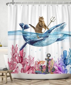 Chloroplastid Funny Cat Shower Curtain For Cute Kids Bathroom Decor With Cat Riding Whale Design