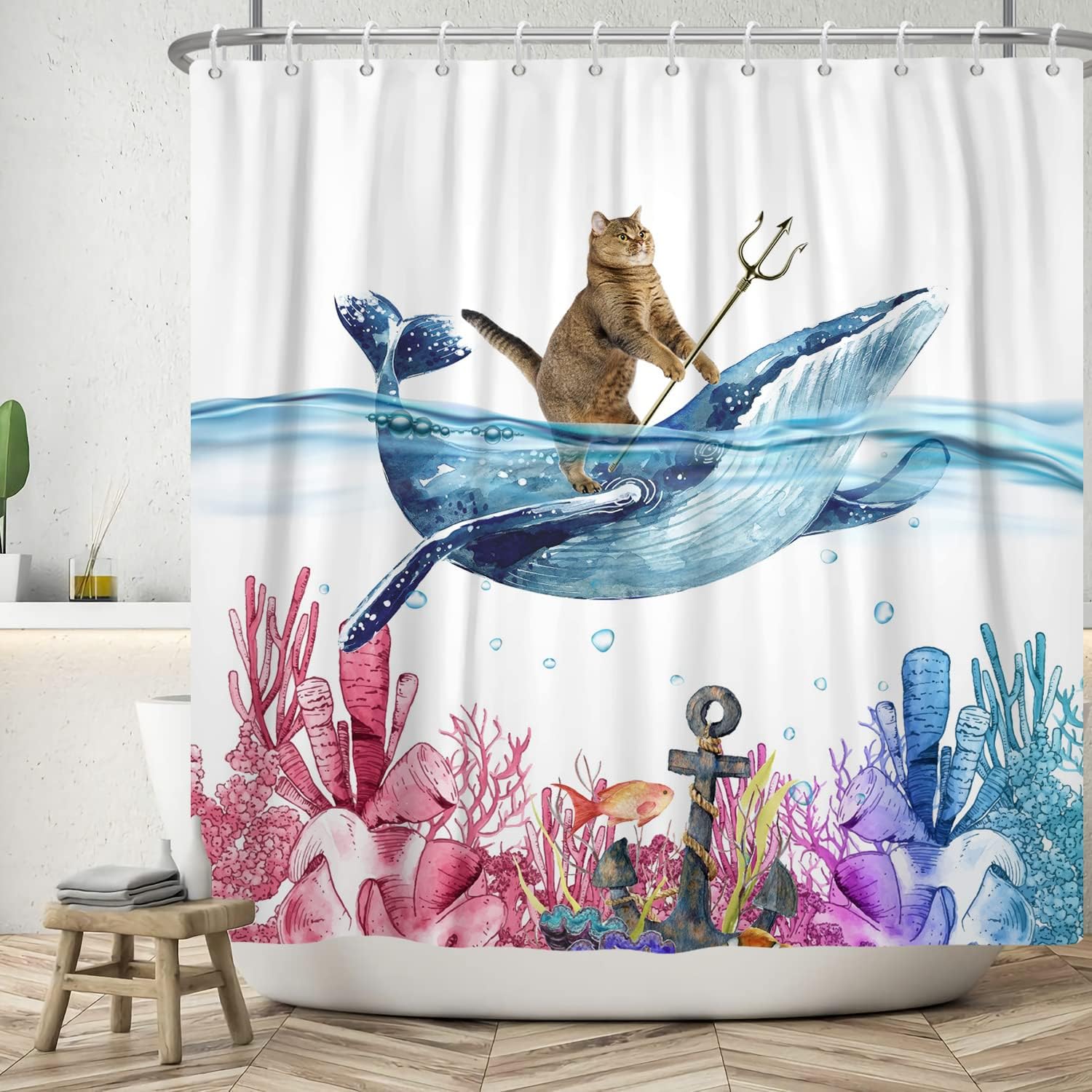 Chloroplastid Funny Cat Shower Curtain For Cute Kids Bathroom Decor With Cat Riding Whale Design