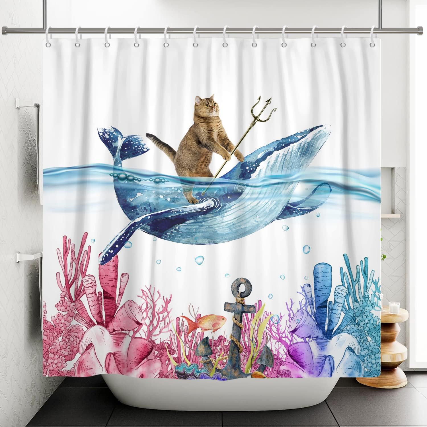 Chloroplastid Funny Cat Shower Curtain For Cute Kids Bathroom Decor With Cat Riding Whale Design - Image 2