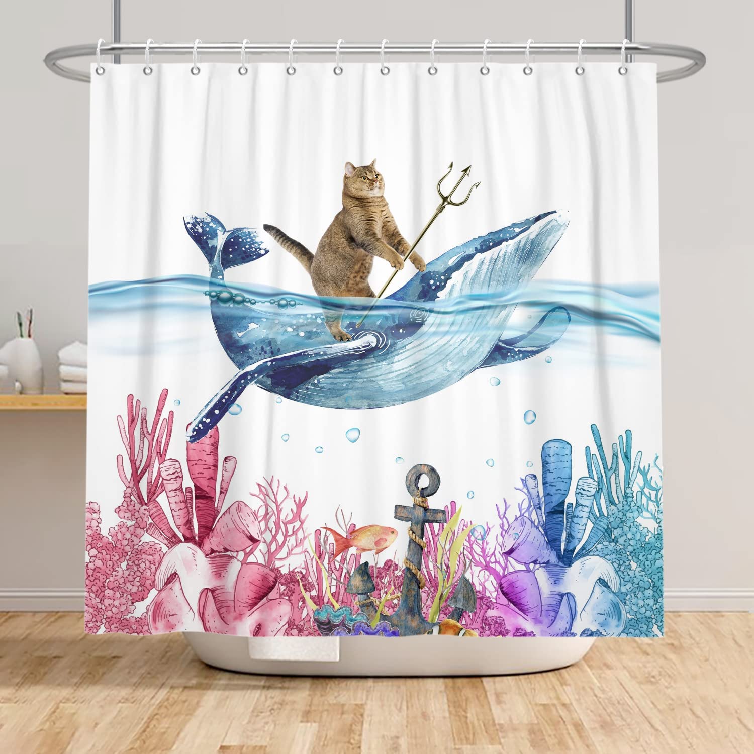 Chloroplastid Funny Cat Shower Curtain For Cute Kids Bathroom Decor With Cat Riding Whale Design - Image 3