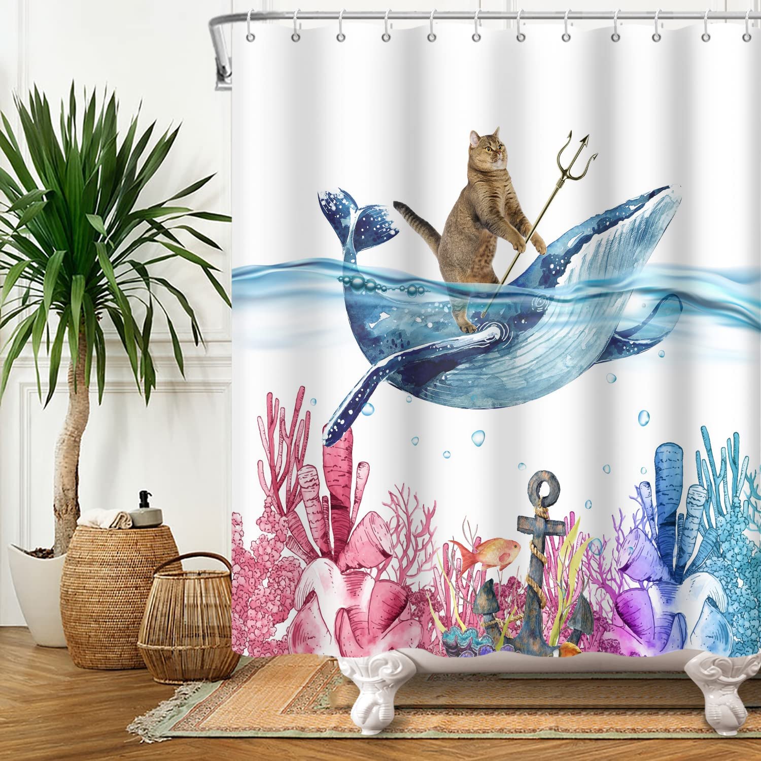 Chloroplastid Funny Cat Shower Curtain For Cute Kids Bathroom Decor With Cat Riding Whale Design - Image 4