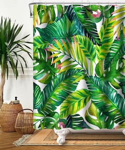 Chloroplastid Green Leaf Shower Curtain With Tropical Plant Banana Monstera Palm Leaves Design